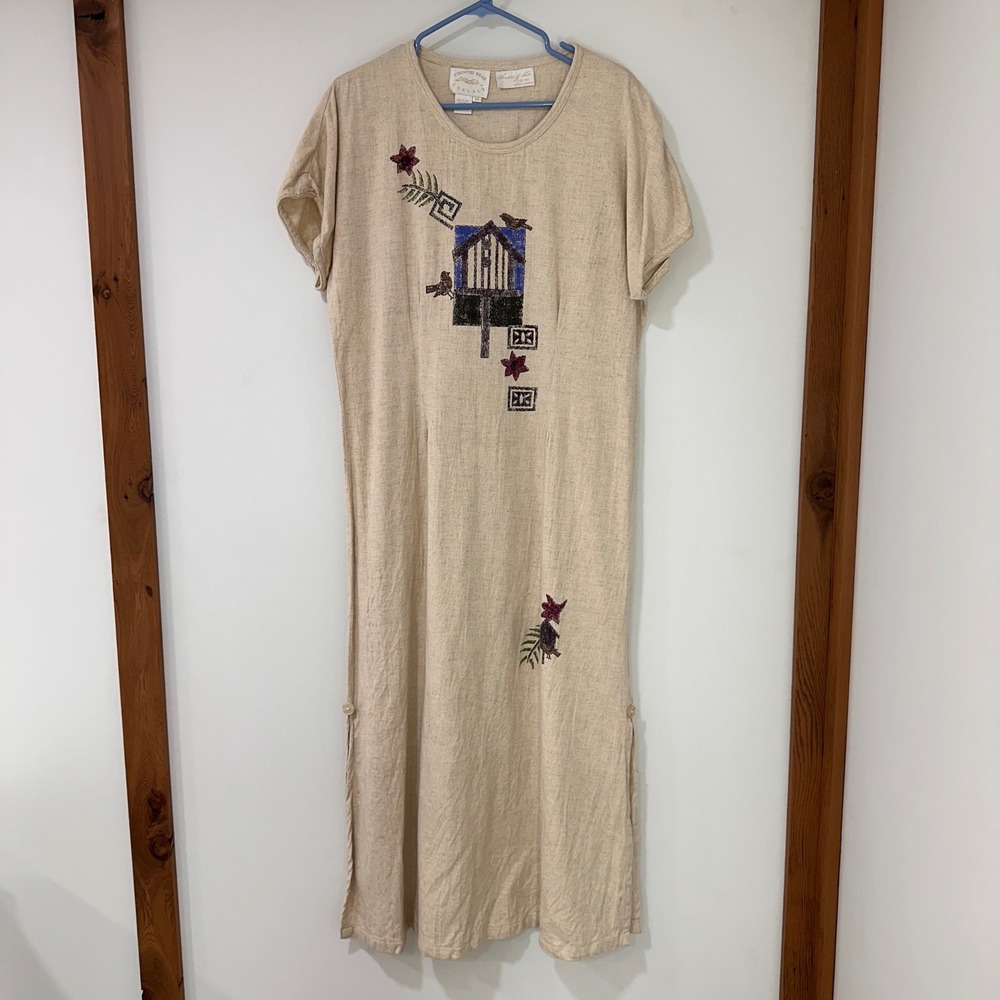 Vintage Country Wear Casuals Birdhouse Art Maxi Dress‎ Womens M Linen Blend Boho